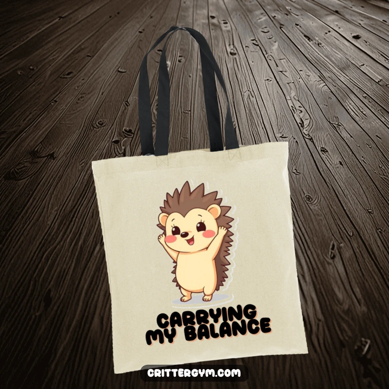 Funny Hedgehog Tote Bag: A happy hedgehog character performs a handstand with its quills pointing upwards, ready for any task.