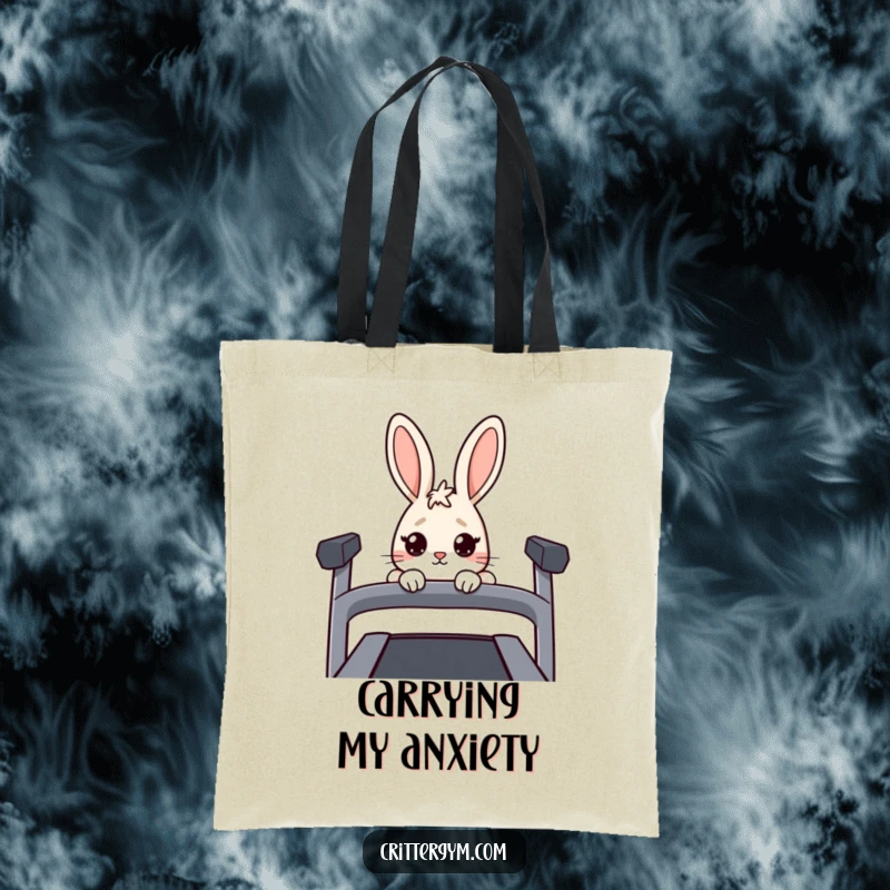 Funny Nervous Rabbit Tote Bag: A nervous rabbit peeks over a treadmill, ideal for carrying gym gear humorously.