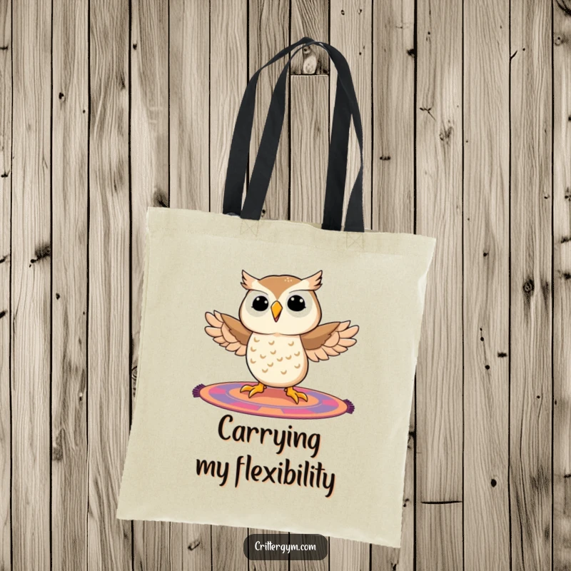 Funny owl tote bag featuring a delighted owl mid-split on a mat, ready to carry your essentials with a smile.