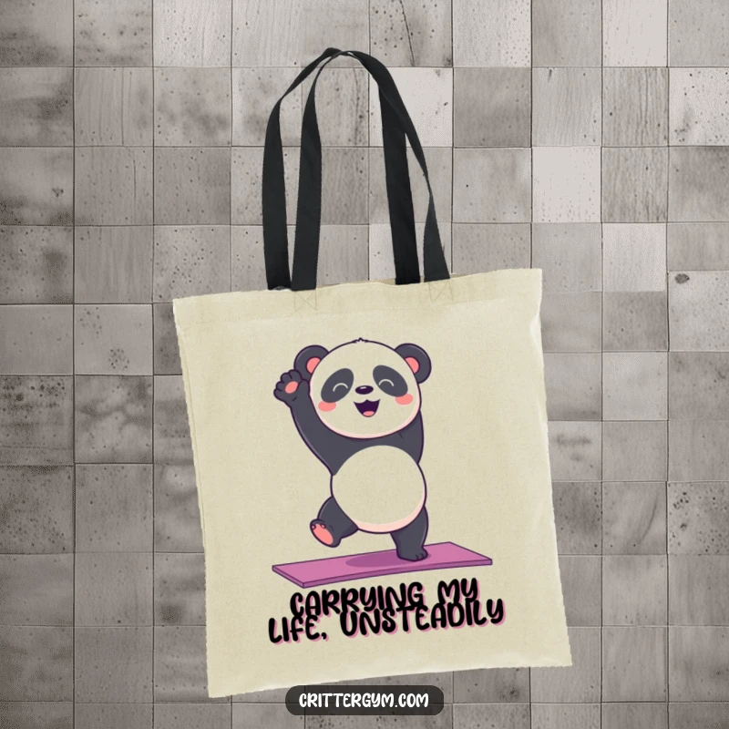 Funny panda bear doing a handstand on a yoga mat, spilling out a tote bag with humorous effort.