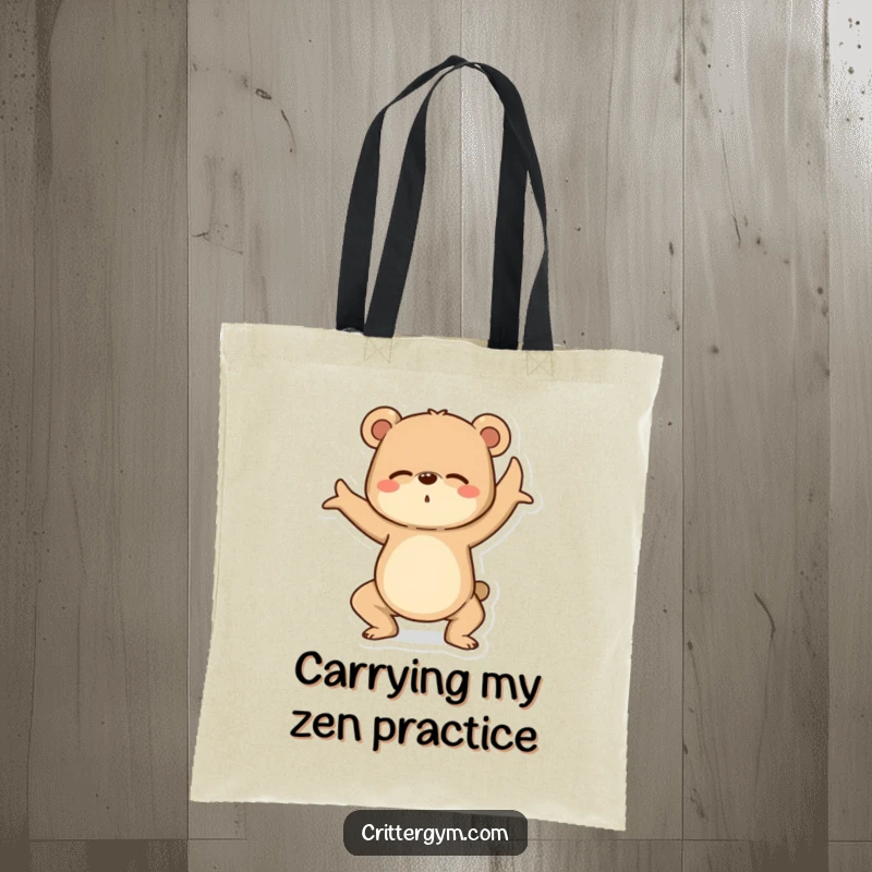 Funny Yoga Bear Tote Bag: A determined bear hilariously struggles with a yoga pose, perfect for carrying workout gear with humor.