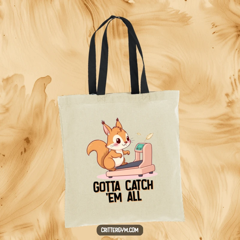 Funny squirrel tote bag with a determined squirrel running on a miniature treadmill, chasing feathers with a comical expression of sheer effort.