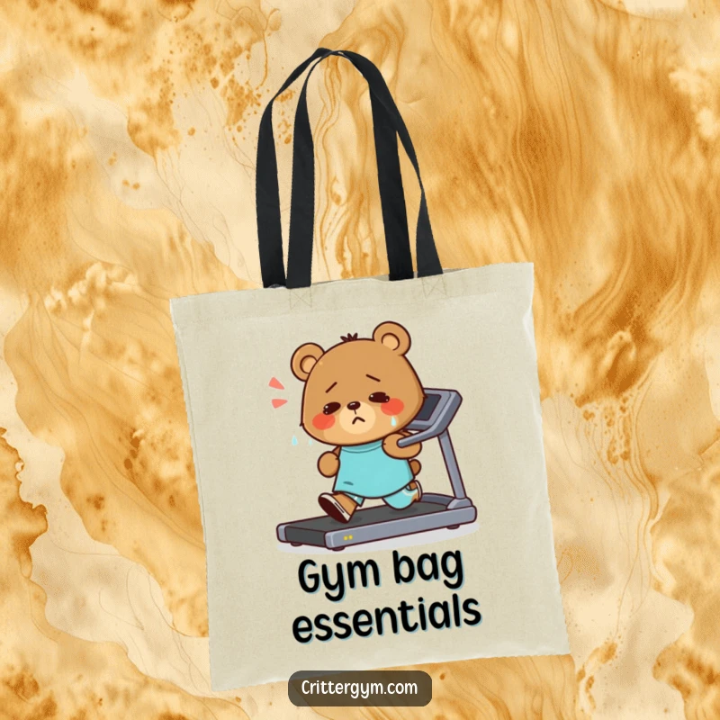 Funny tote bag showcasing a small bear character sweating and running on a treadmill with a resolute smile, ideal for carrying workout gear humorously.