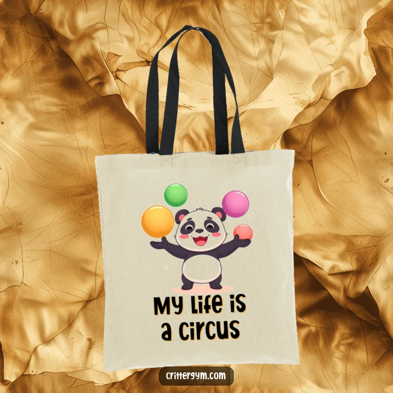 Funny tote bag with a smiling panda bear attempting to juggle multiple large yoga balls, a charming and humorous design.