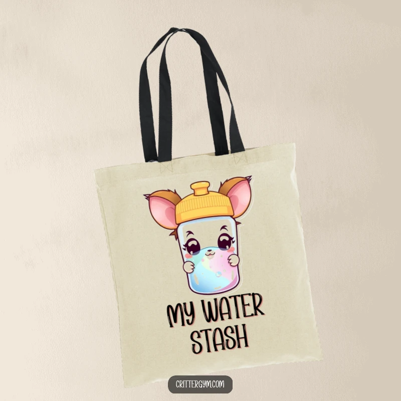 Funny creature tote bag with a curious creature peeking into a colorful water bottle with wide, amazed eyes, perfect for shoppers.