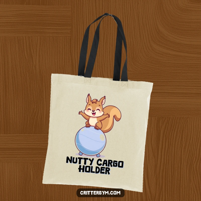 Funny squirrel tote bag with a happy squirrel balancing on a bouncing fitness ball, perfect for carrying gym essentials with energetic humor.