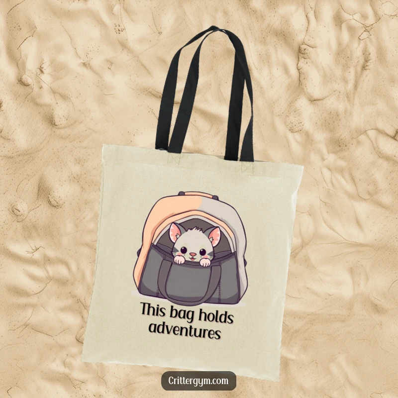 Funny curious critter gym bag tote bag with a small animal cautiously peeking into a large bag, perfect for everyday use and intrigue.